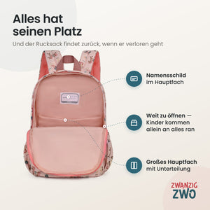 Kinderrucksack little pony – geöffnetes Hauptfach mit Namensschild und Unterteilung