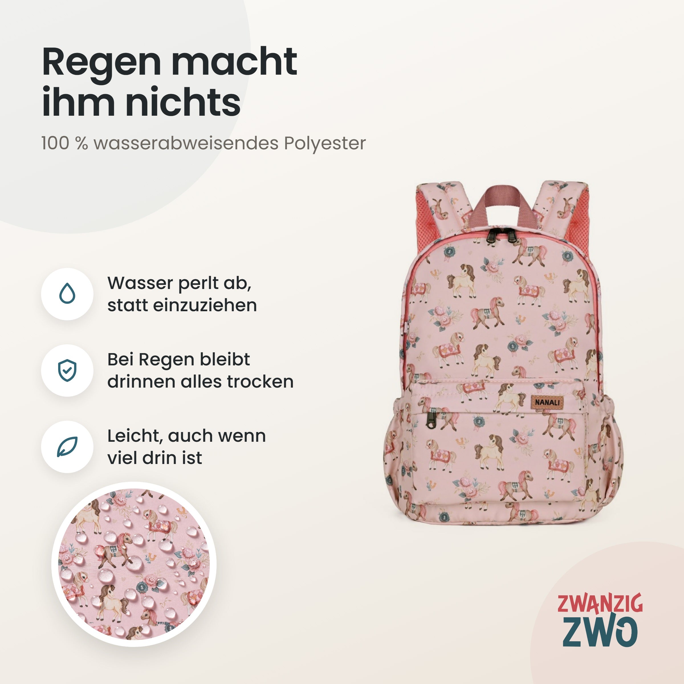 Kinderrucksack little pony – wasserabweisendes Polyester in Nahaufnahme