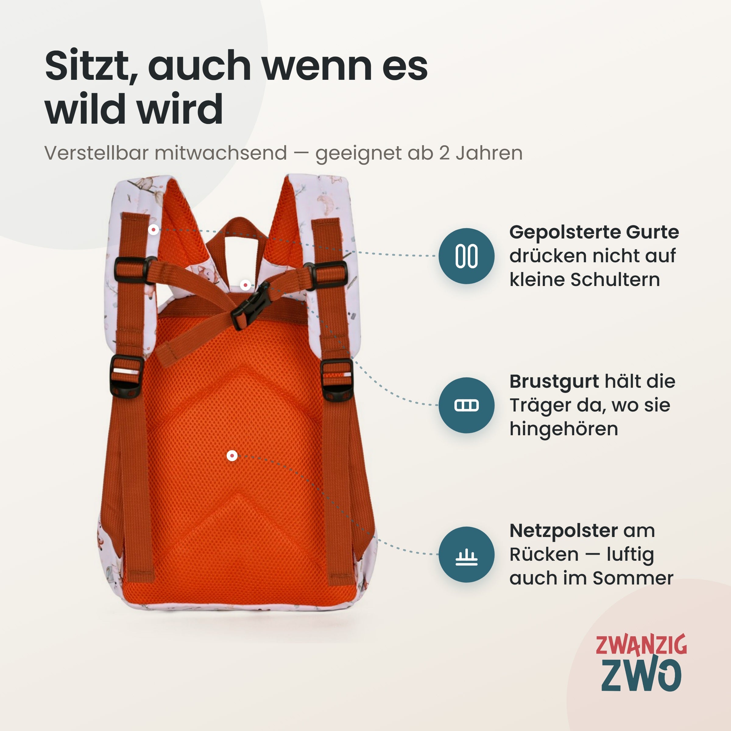 Kinderrucksack magische Tiere – gepolsterte Schultergurte und verstellbarer Brustgurt