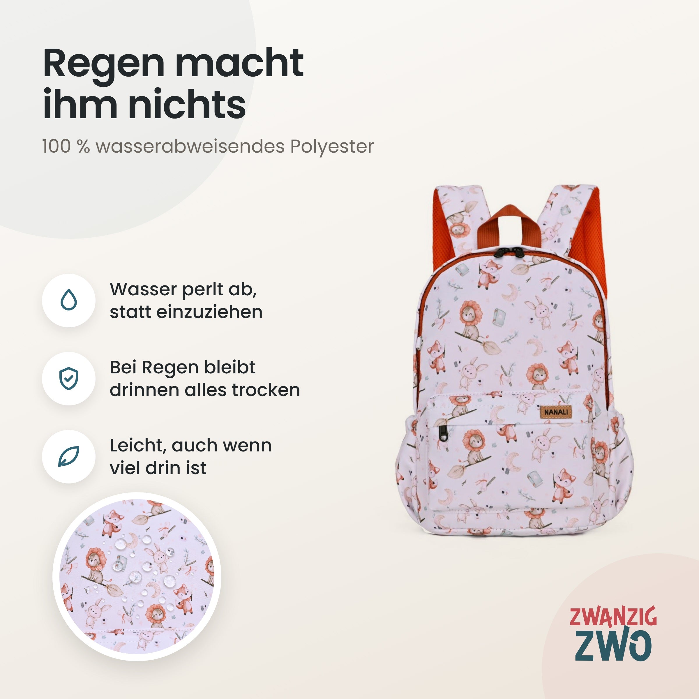 Kinderrucksack magische Tiere – wasserabweisendes Polyester in Nahaufnahme