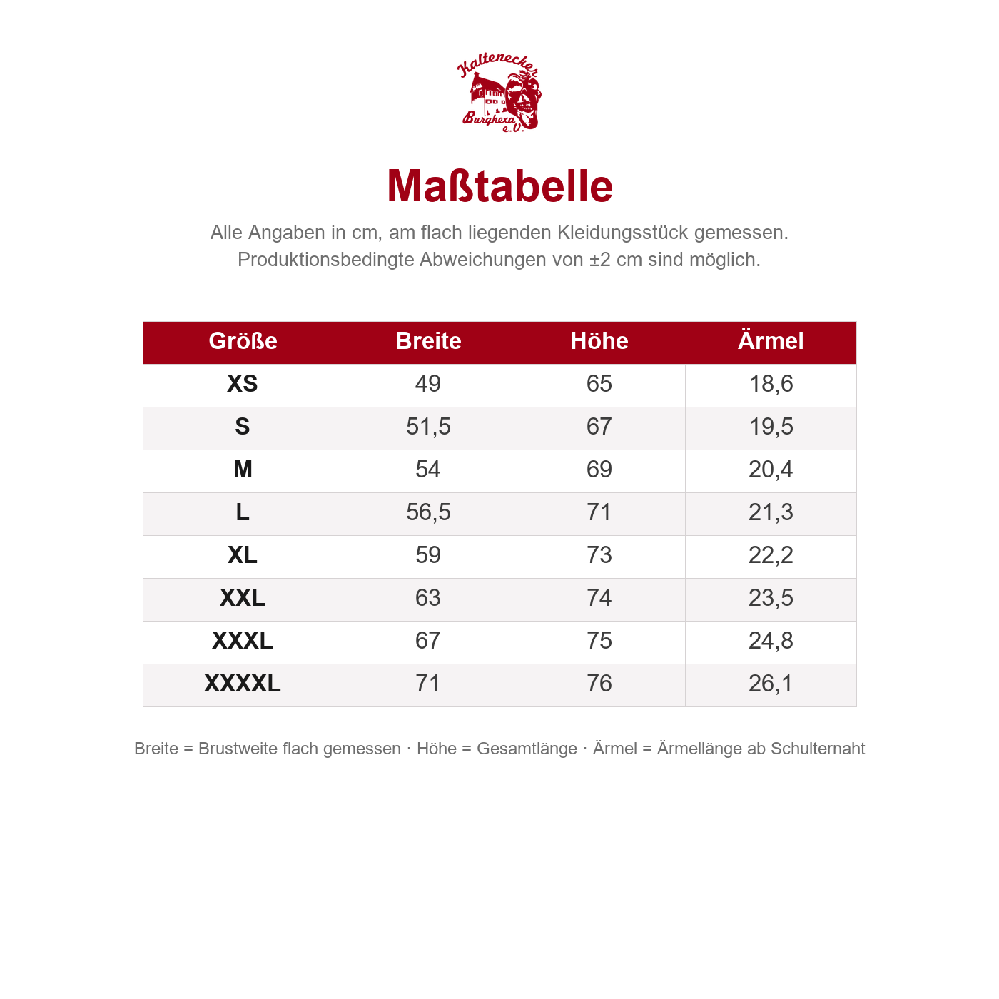 Maßtabelle Damen Shirt rundhals – Größen XS bis XXXXL in cm