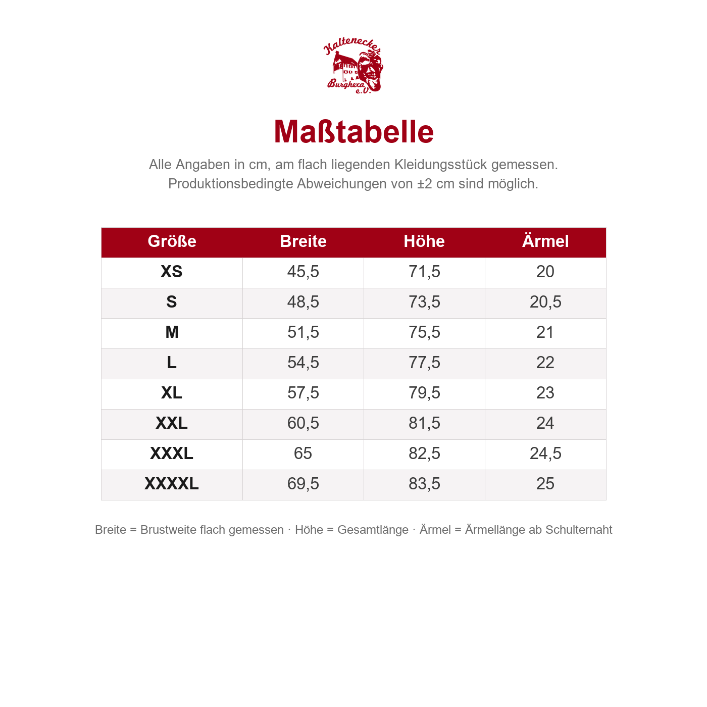 Maßtabelle Herren Shirt classic – Größen XS bis XXXXL in cm