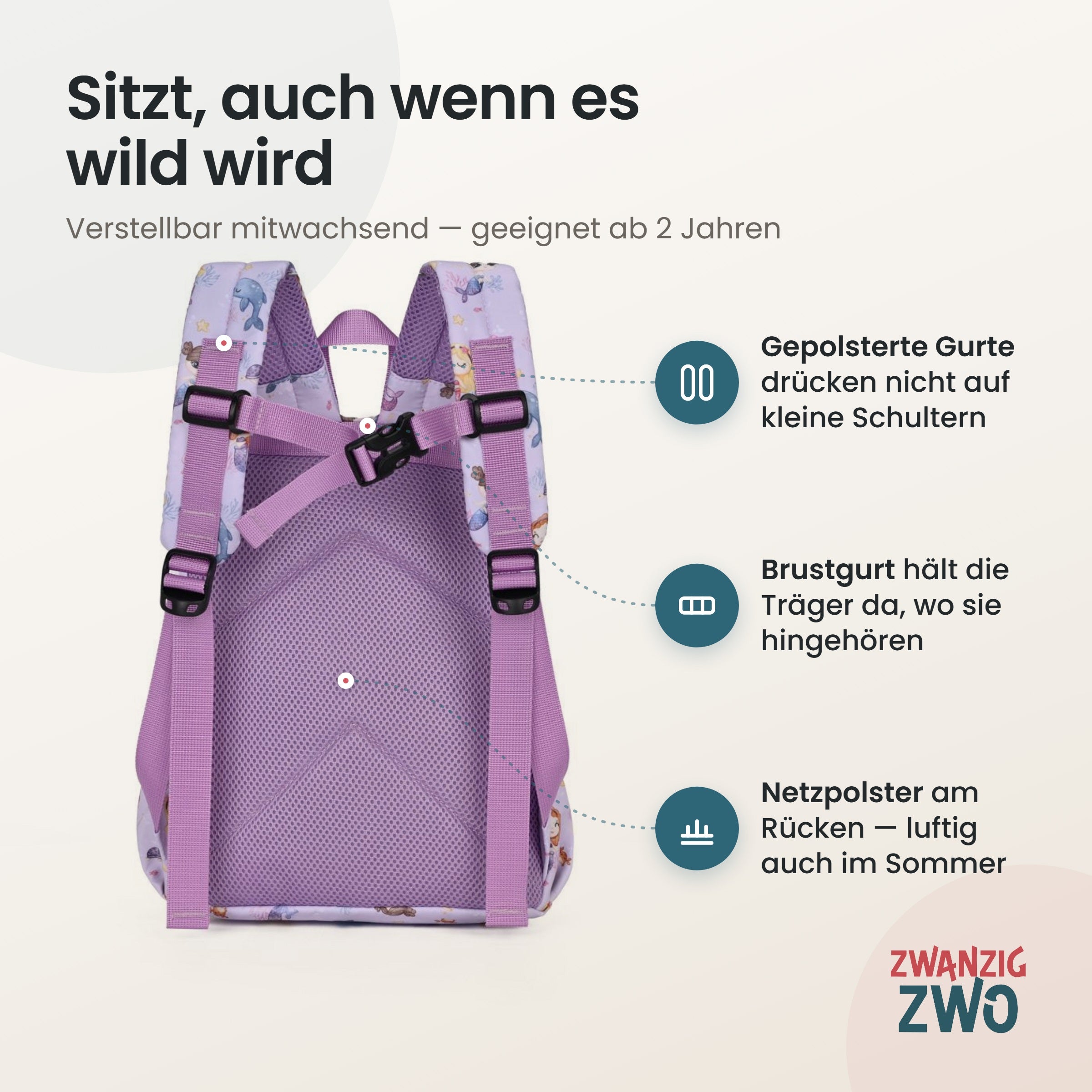 Kinderrucksack Meerjungfrau – gepolsterte Schultergurte und verstellbarer Brustgurt