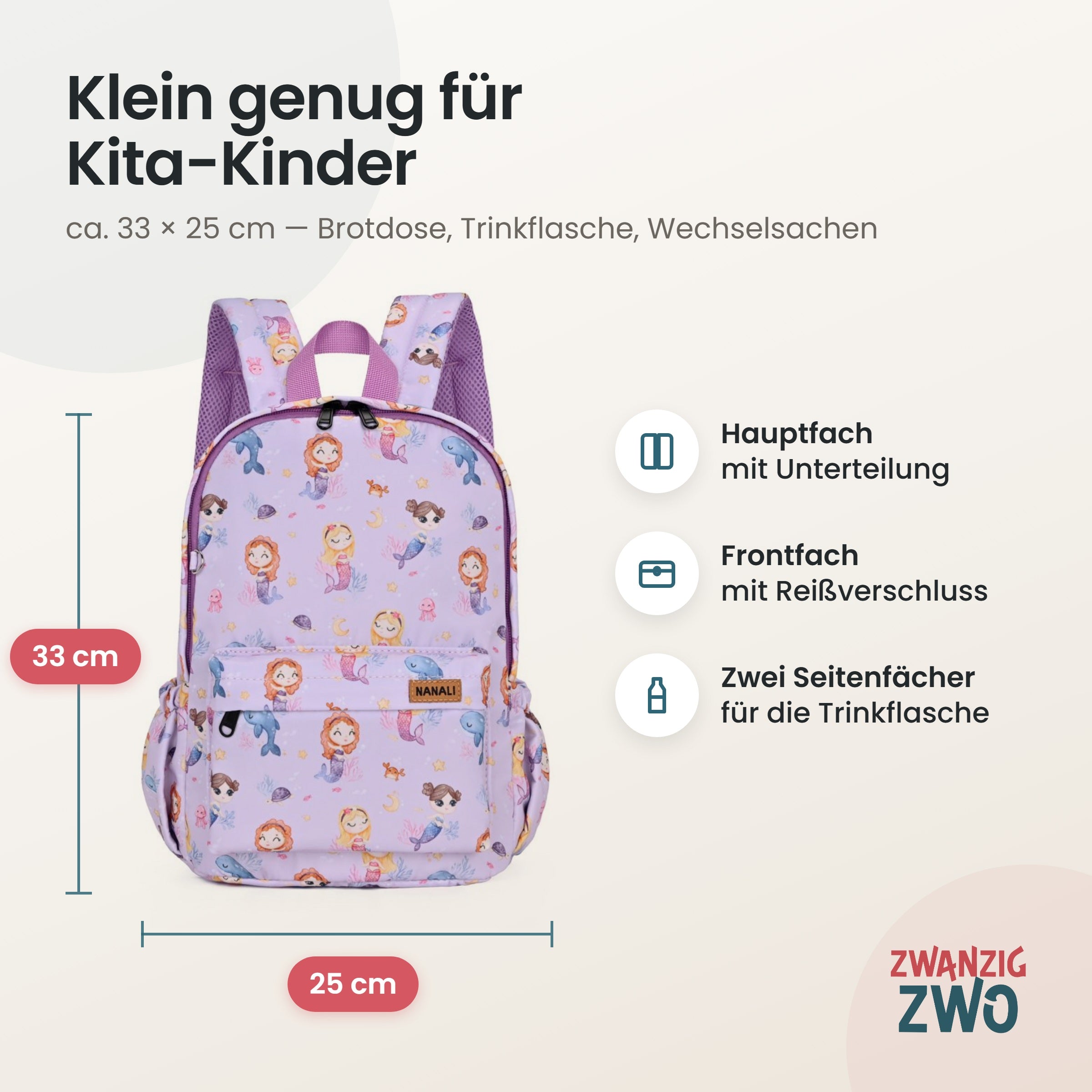 Kinderrucksack Meerjungfrau – Maße ca. 33 × 25 cm mit Hauptfach, Frontfach und Seitenfächern