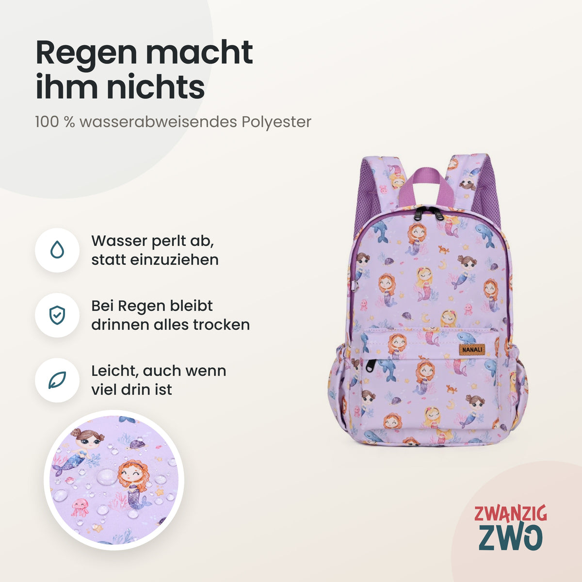 Kinderrucksack Meerjungfrau – wasserabweisendes Polyester in Nahaufnahme