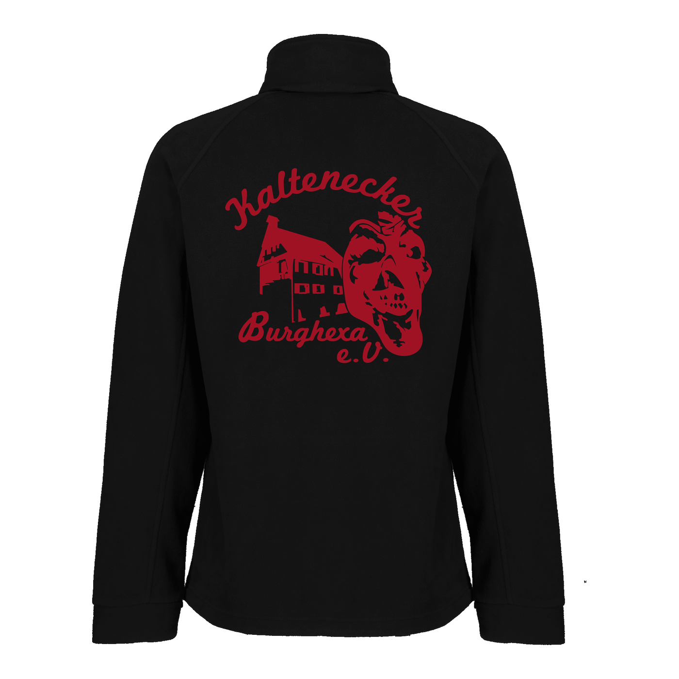 Uni Fleecejacke in Schwarz, Rückansicht mit Vereinslogo Kaltenecker Burghexa e.V.