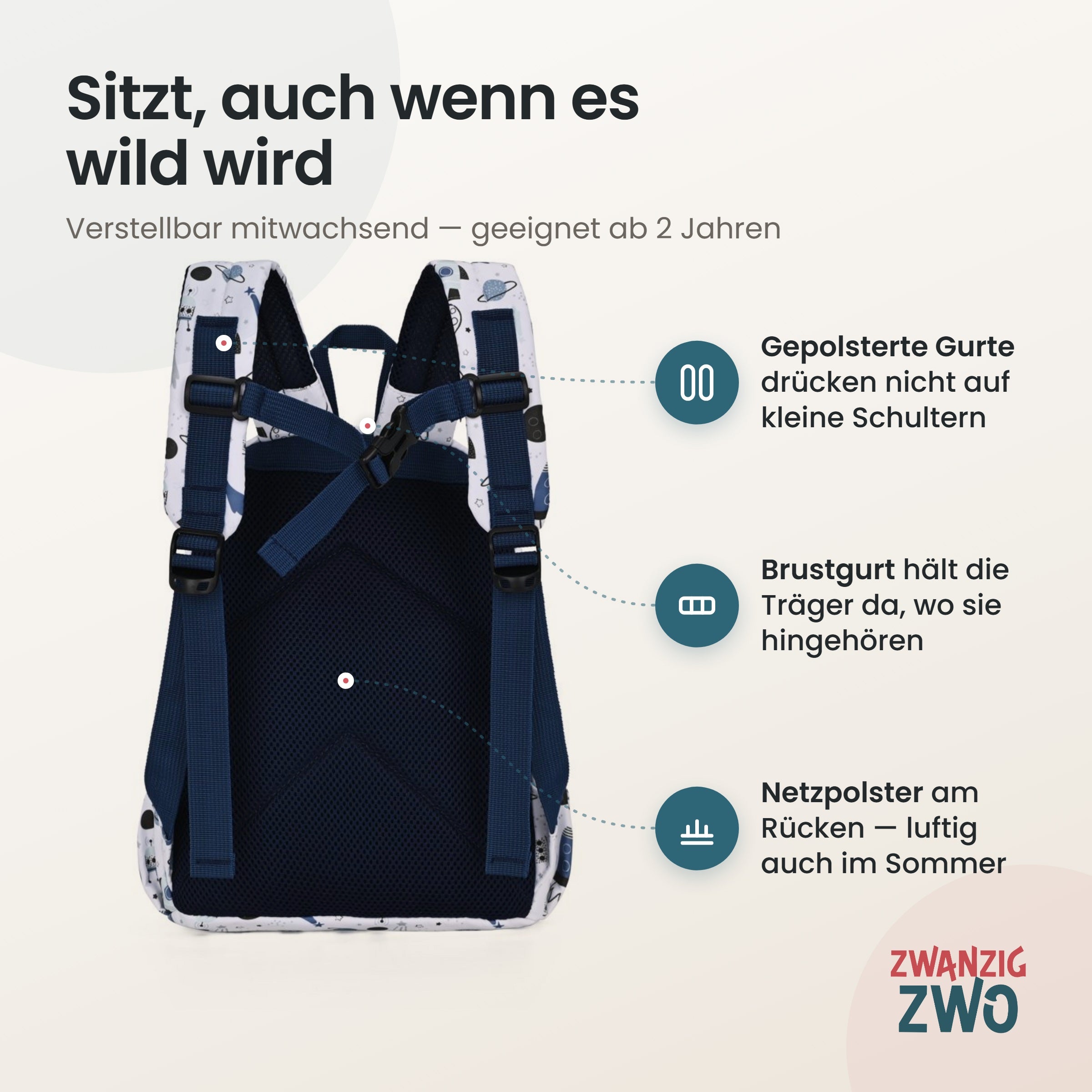 Kinderrucksack spacymacy – gepolsterte Schultergurte und verstellbarer Brustgurt