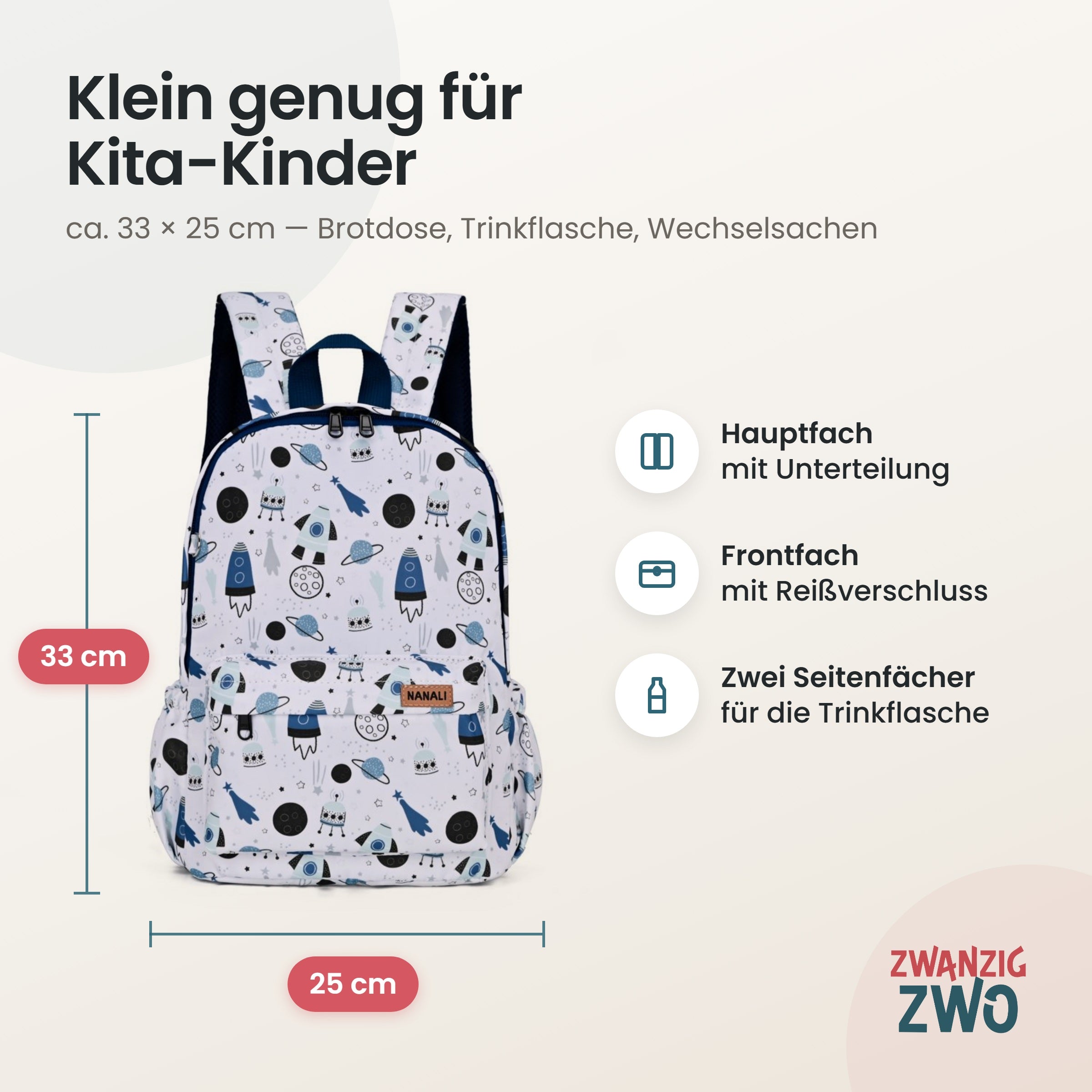 Kinderrucksack spacymacy – Maße ca. 33 × 25 cm mit Hauptfach, Frontfach und Seitenfächern
