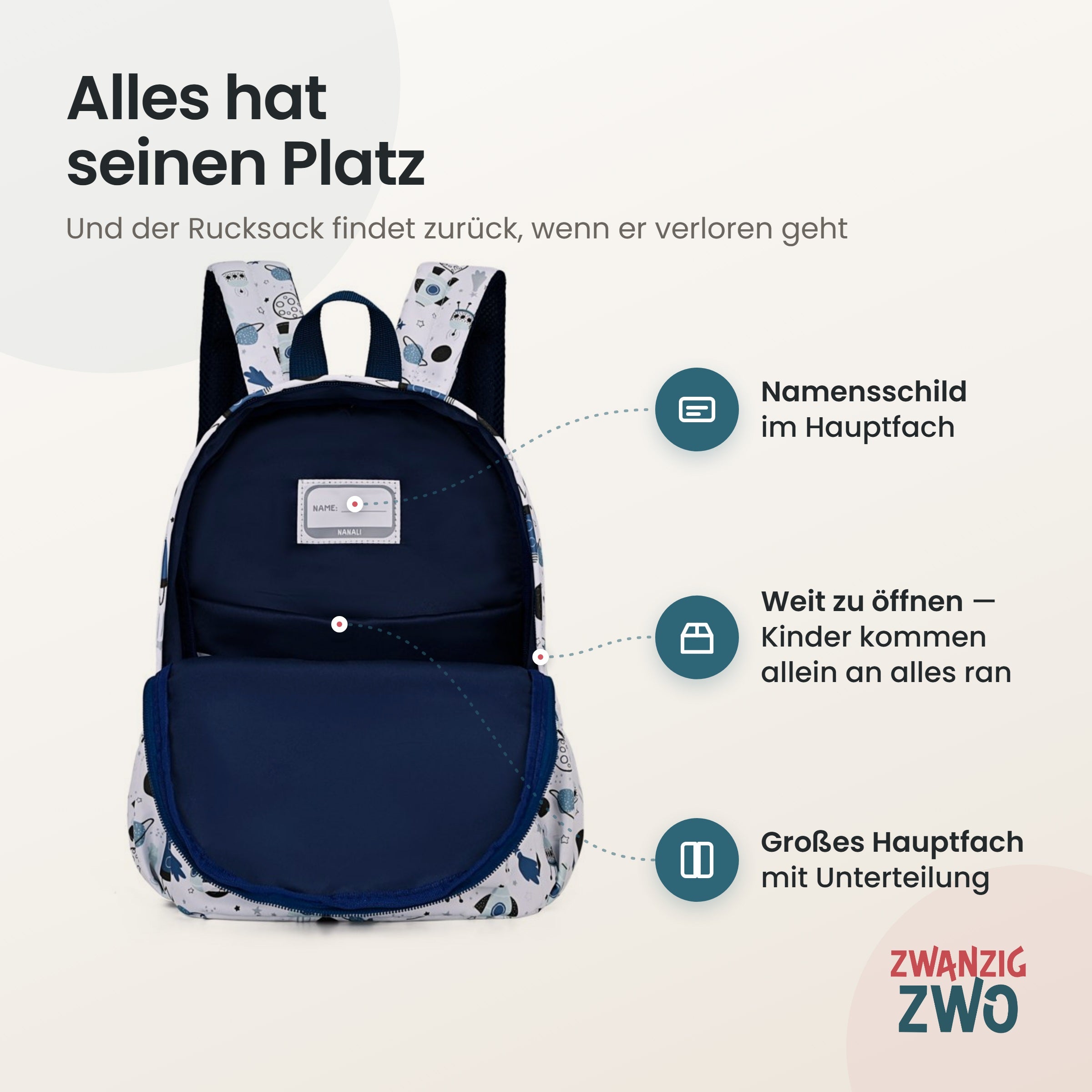 Kinderrucksack spacymacy – geöffnetes Hauptfach mit Namensschild und Unterteilung