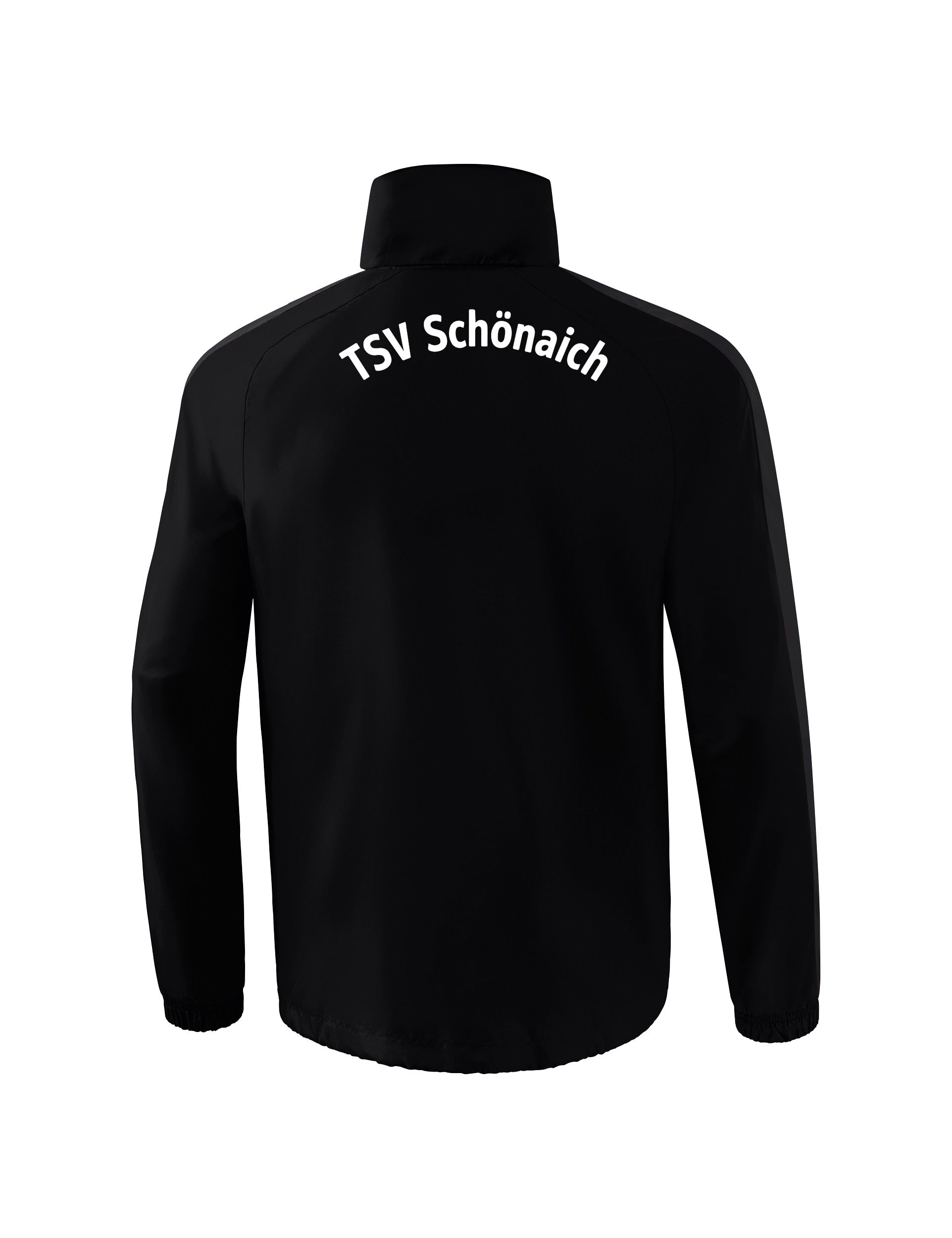 Rückseite der schwarzen Regenjacke mit Schriftzug TSV Schönaich