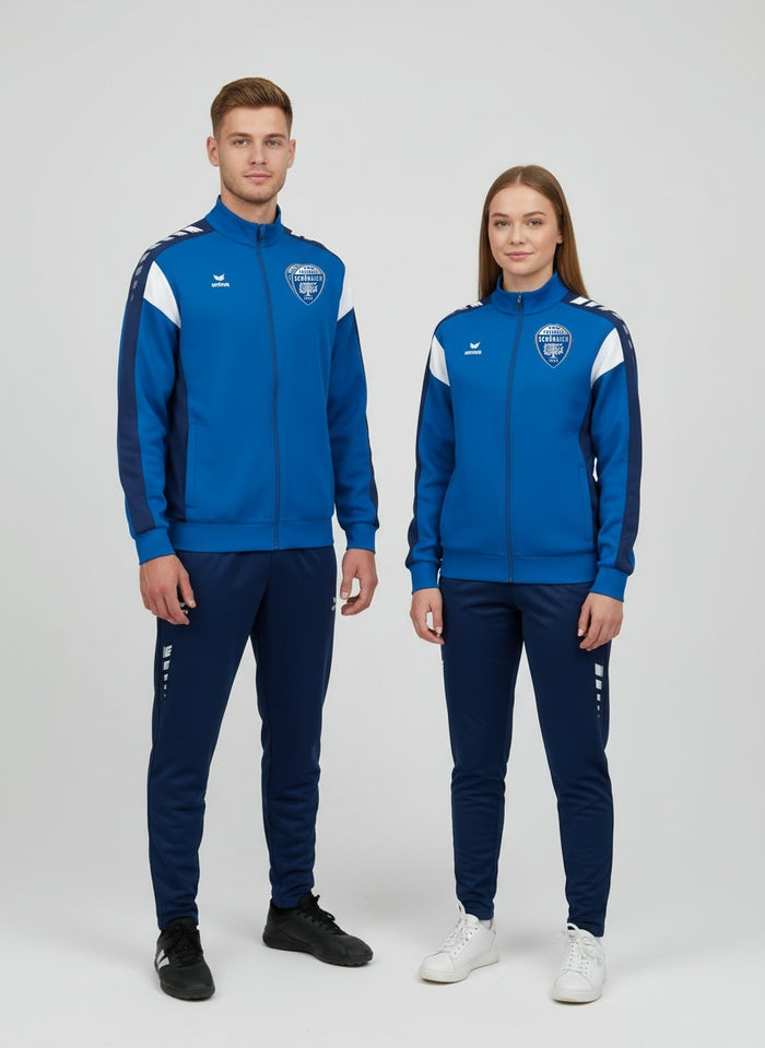 Zwei Erwachsene in blauer Celebrate 125 Trainingsjacke des TSV Schönaich