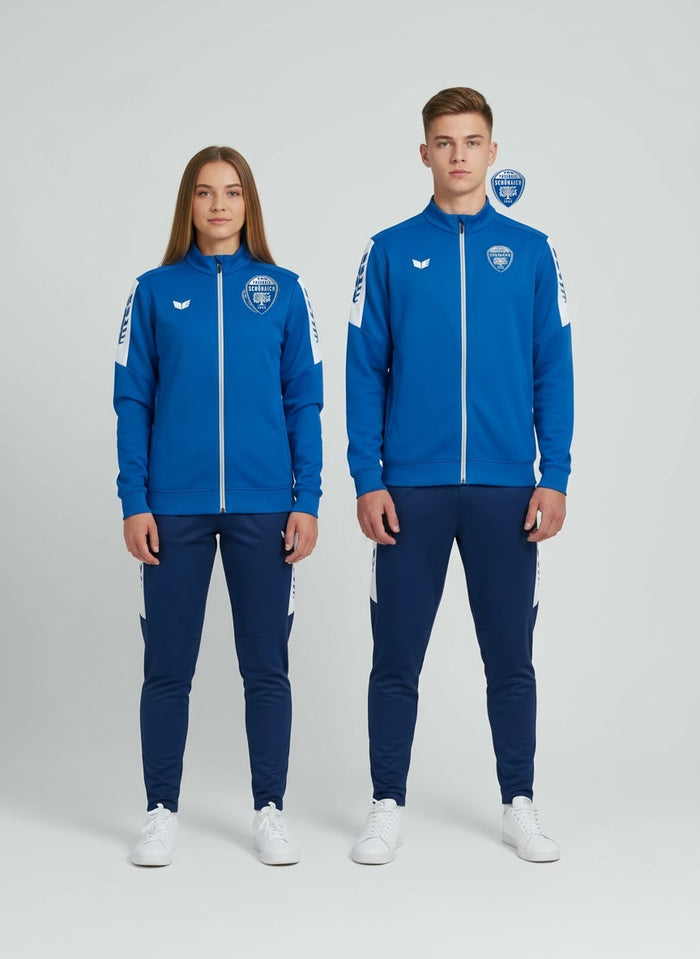 Junge Frau und junger Mann in blauer INTRO Trainingsjacke des TSV Schönaich