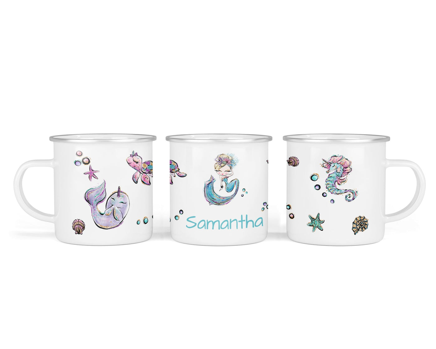 Personalisierte Emaille-Tasse ‚mermaids 2' mit Namen von zwanzigzwo – 300 ml Kinderbecher