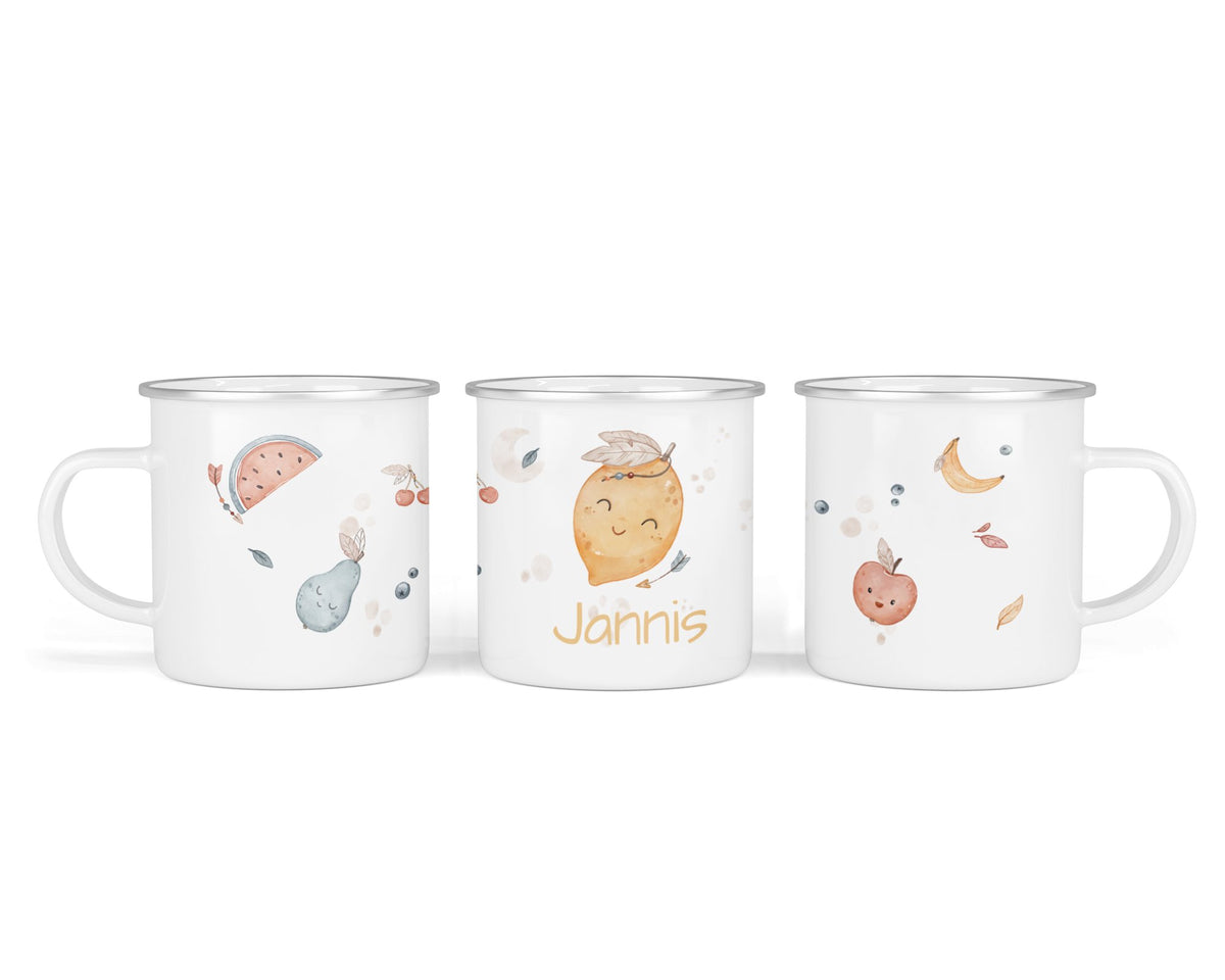 Personalisierte Emailletasse 1.boho fruits