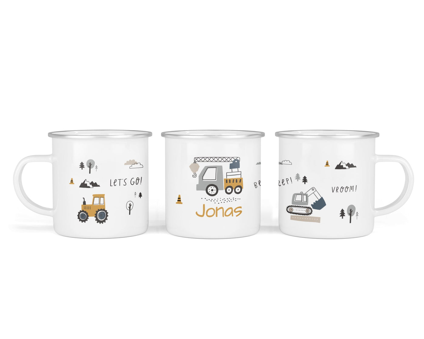 Personalisierte Emaille-Tasse ‚Fahrzeuge' mit Namen von zwanzigzwo – 300 ml Kinderbecher