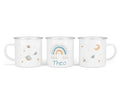 Personalisierte Emailletasse 4.boho rainbow blau