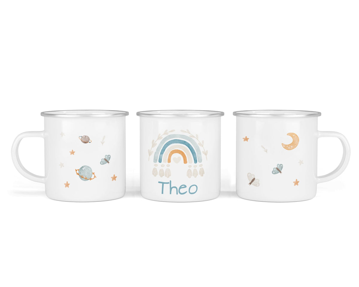 Personalisierte Emailletasse 4.boho rainbow blau