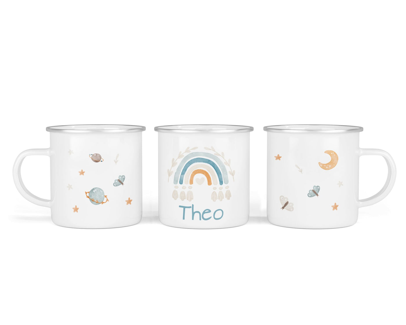 Personalisierte Emaille-Tasse ‚boho rainbow blau' mit Namen von zwanzigzwo – 300 ml