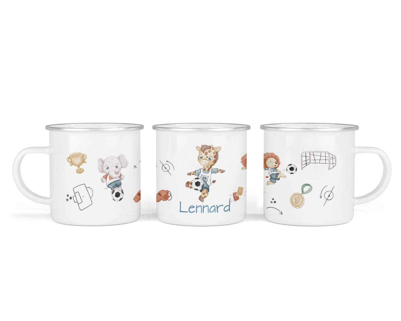 Personalisierte Emaille-Tasse ‚Fußballtiere' mit Namen von zwanzigzwo – 300 ml