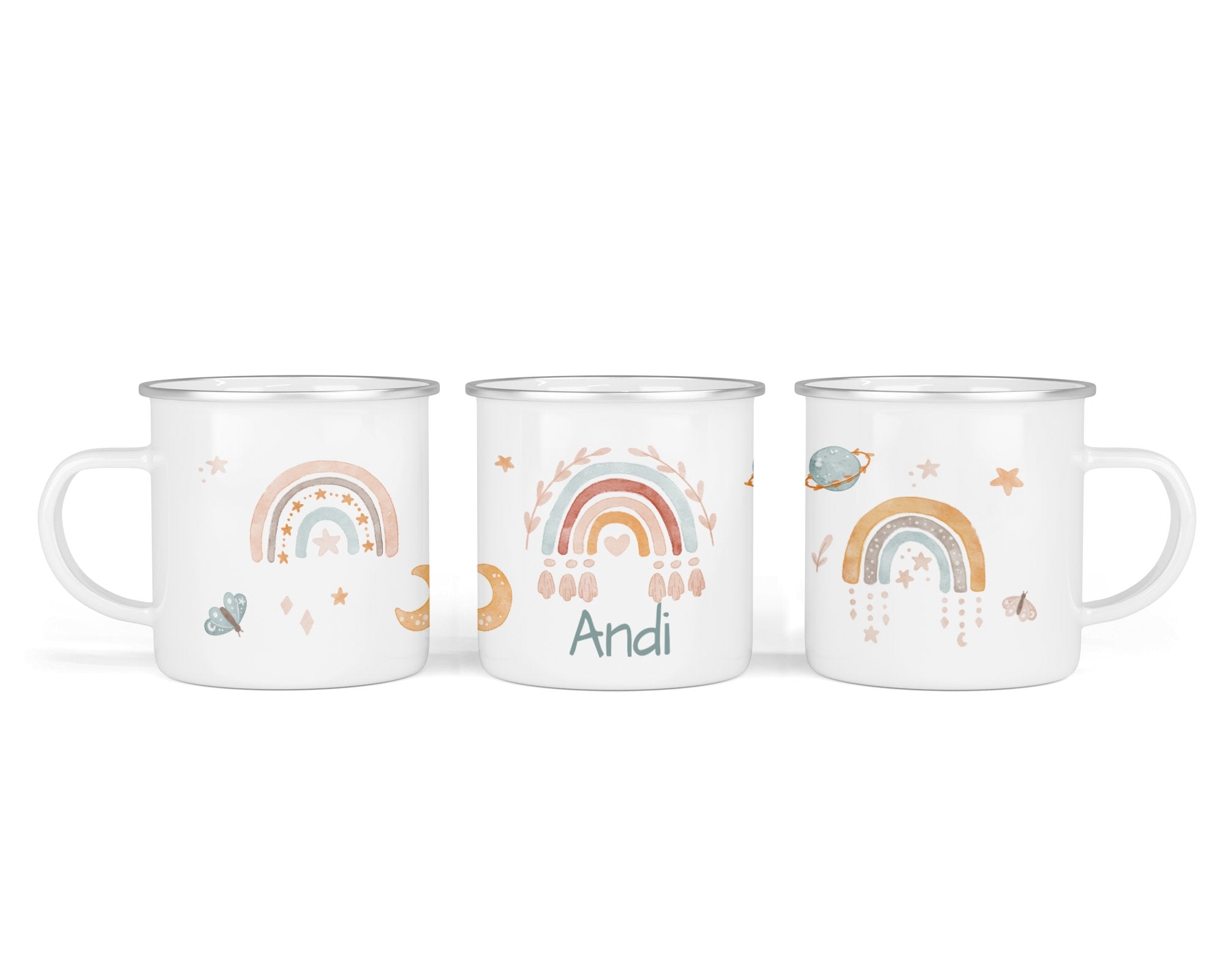 Personalisierte Emailletasse 72. Boho rainbow mint - Mamikes