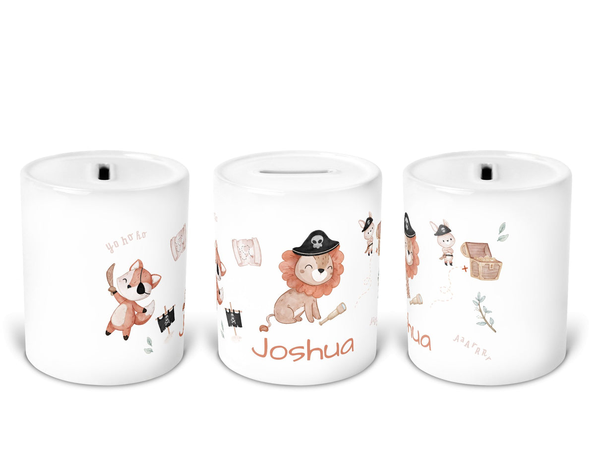 Personalisierte Kinder-Spardose ‚pirate woodland' aus Keramik mit Namen von zwanzigzwo