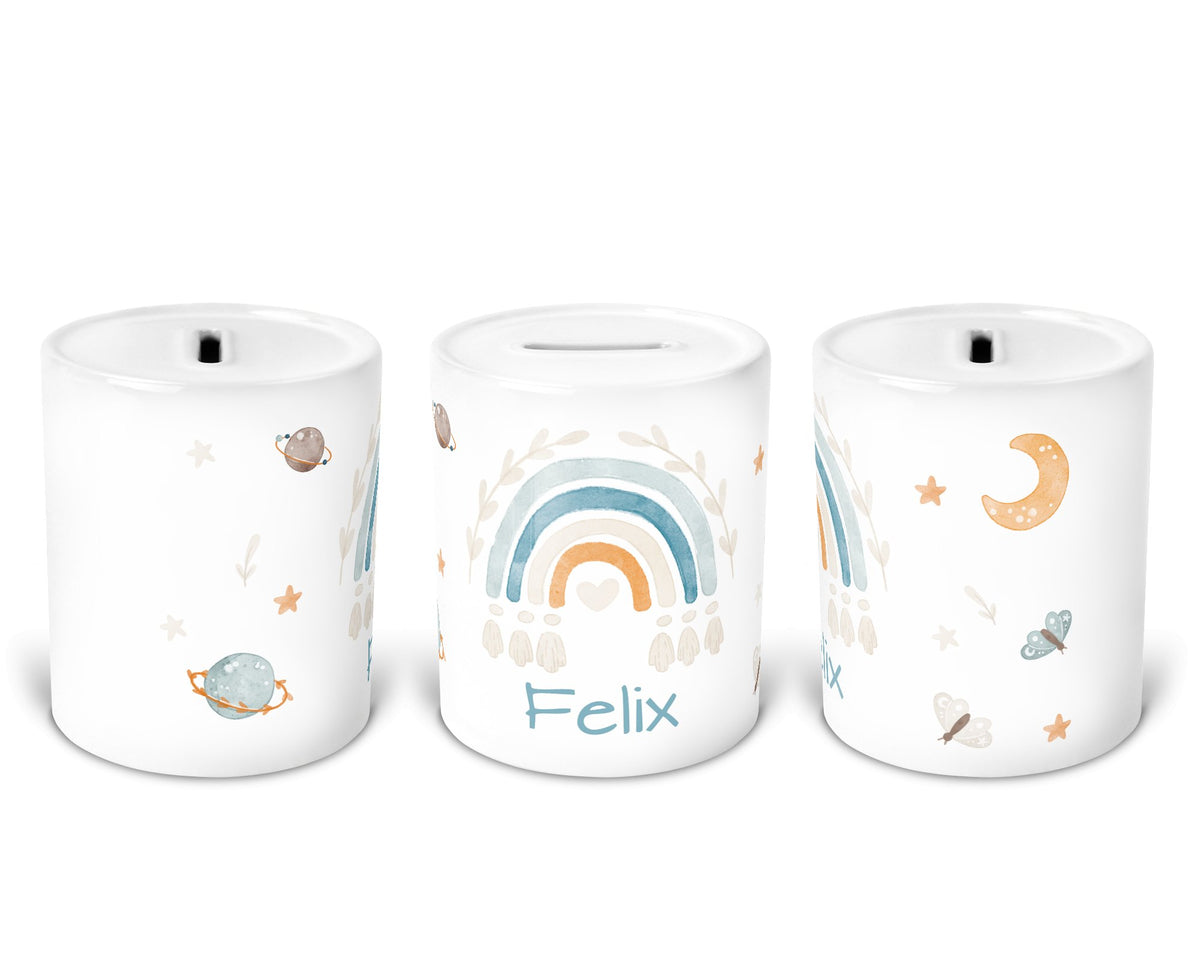 Personalisierte Spardose 4.boho rainbow blau